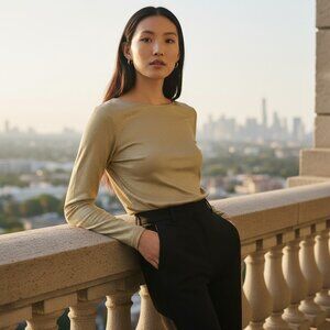 SHAMASK Gold Metallic Shimmer Top Sparkle NYE Holiday Party Blouse Luxe M